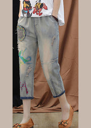 Boutique Blue Embroidered Patchwork Elastic Waist Crop Jeans
