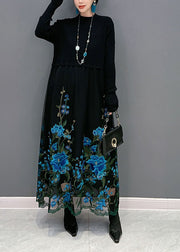 Boutique Blue Embroidered Patchwork Knit Maxi Dress Spring
