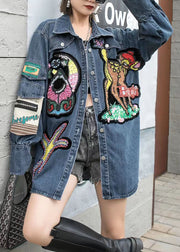 Boutique Blue Embroidered Zircon Nail Bead Patchwork Denim Coat Spring