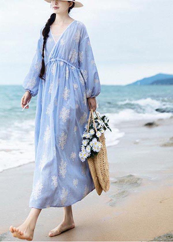 Boutique Blue Embroideried tie waist Long Summer Cotton Dress - SooLinen