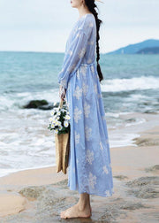 Boutique Blue Embroideried tie waist Long Summer Cotton Dress - SooLinen