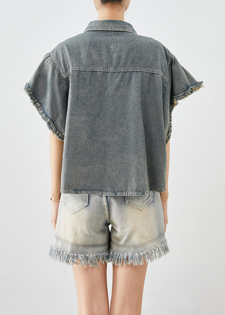 Boutique Blue Grey Chinese Button Denim Shirt Top Butterfly Sleeve