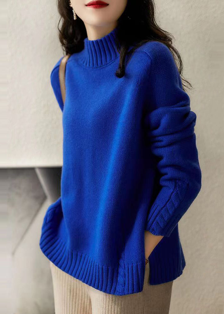 Boutique Blue Hign Neck Thick Patchwork Knitted Sweaters Winter