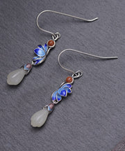 Boutique Blue Lotus Floral Silver Jade Drop Earrings