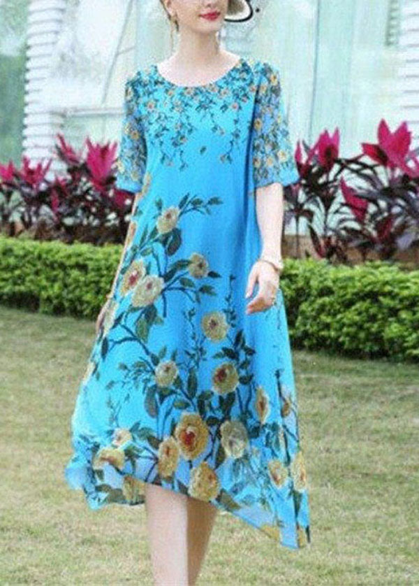 Boutique Blue O-Neck Floral Print Exra Large Hem Silk Dress Short Sleeve