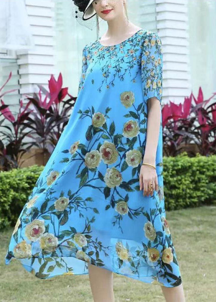 Boutique Blue O-Neck Floral Print Exra Large Hem Silk Dress Short Sleeve