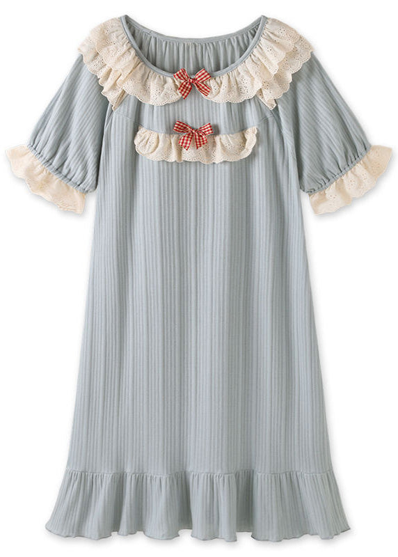 Boutique Blue O-Neck Striped Bow Patchwork Cotton Girls Long Dress Summer