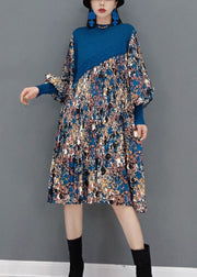 Boutique Blue O-Neck knit Patchwork Chiffon Holiday Dress Spring