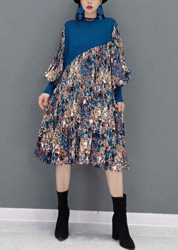 Boutique Blue O-Neck knit Patchwork Chiffon Holiday Dress Spring