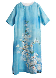Boutique Blue O-Neck side open Floral Print Linen Long Dresses Half Sleeve