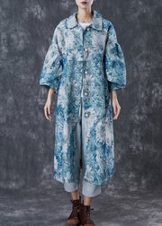 Boutique Blue Oversized Daisy Print Cotton Trench Coats Spring