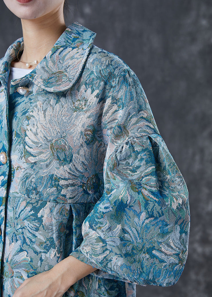 Boutique Blue Oversized Daisy Print Cotton Trench Coats Spring