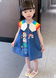 Boutique Blue Peter Pan Collar Animal Print Button Kids Denim Mid Dress Summer