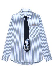 Boutique Blue Peter Pan Collar Button Pockets Fall Striped Shirt Top Long sleeve - SooLinen