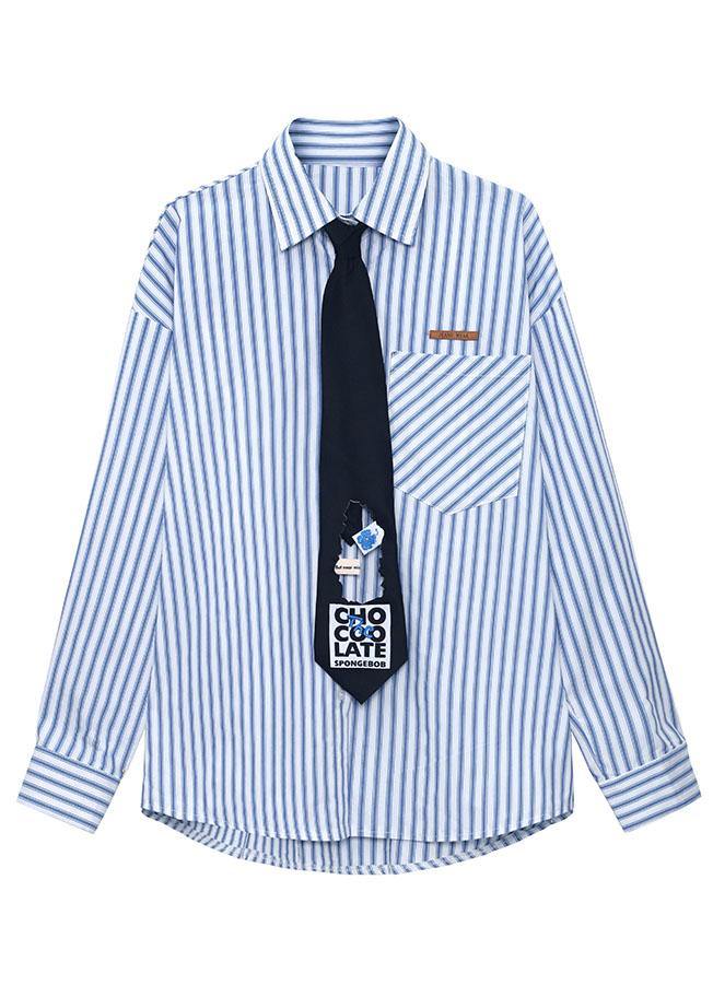 Boutique Blue Peter Pan Collar Button Pockets Fall Striped Shirt Top Long sleeve - SooLinen