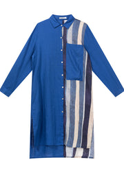 Boutique Blue Peter Pan Collar Striped Linen long shirts Spring