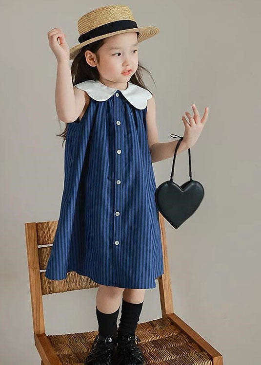 Boutique Blue Peter Pan Collar Striped Patchwork Cotton Baby Girls Dresses Summer