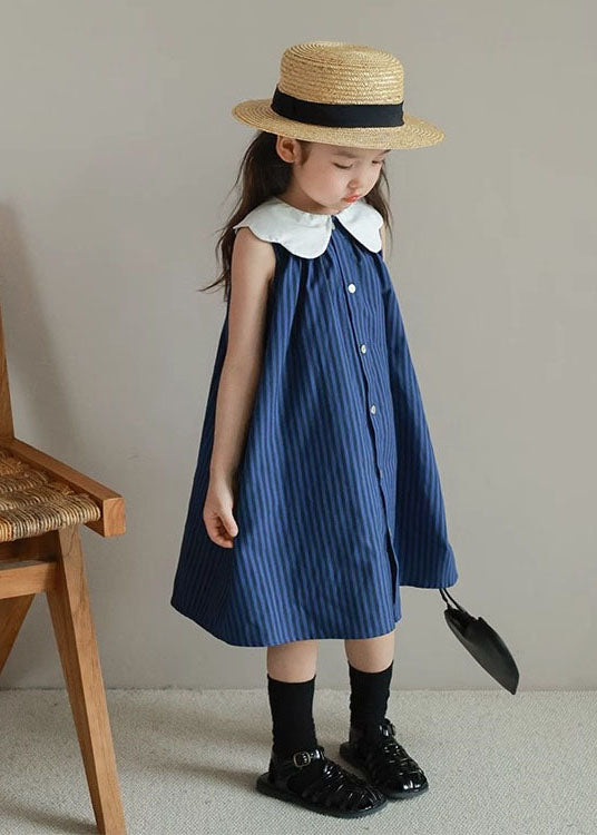 Boutique Blue Peter Pan Collar Striped Patchwork Cotton Baby Girls Dresses Summer