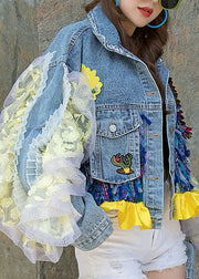 Boutique Blue Ruffled Pockets Floral Decorated Patchwork Denim Short Coat Spring