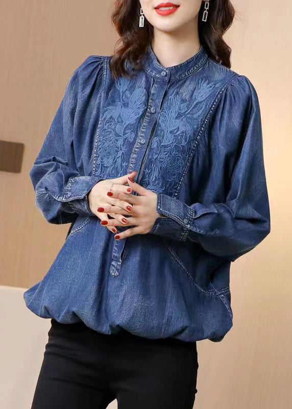 Boutique Blue Stand Collar Embroidered Patchwork Denim Top Fall