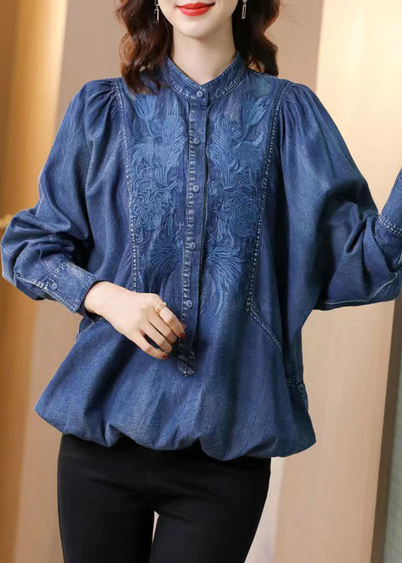Boutique Blue Stand Collar Embroidered Patchwork Denim Top Fall