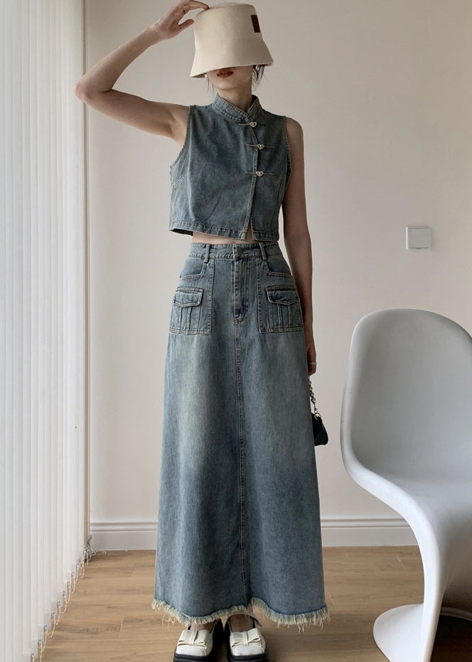 Boutique Blue Stand Collar Tops And Skirts Denim Two Pieces Set Sleeveless