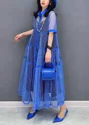 Boutique Blue Striped Peter Pan Collar Patchwork Tulle Shirts Dress Summer
