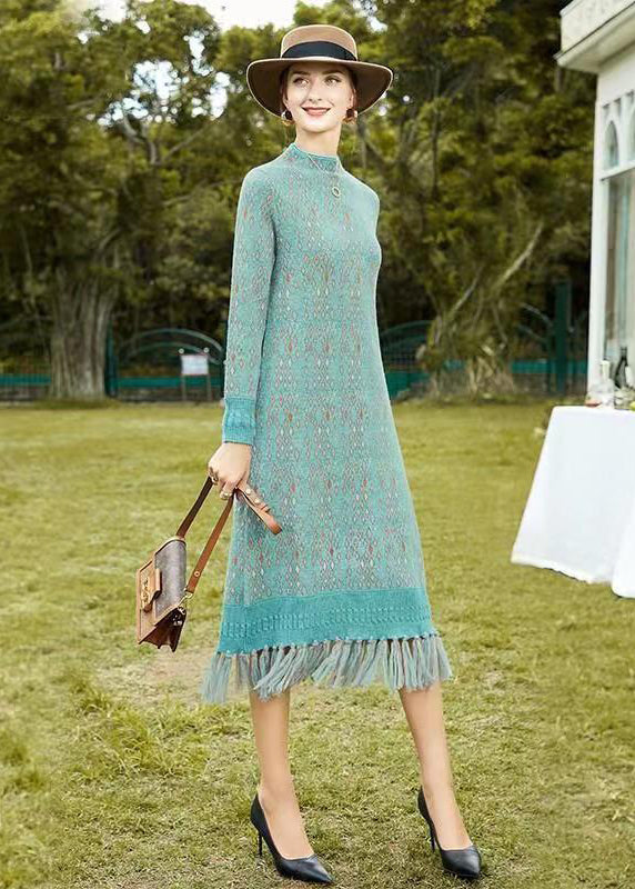 Boutique Blue Tasseled Print Patchwork Woolen Knit Dress Fall