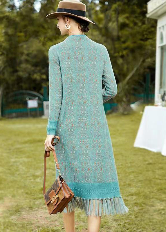 Boutique Blue Tasseled Print Patchwork Woolen Knit Dress Fall