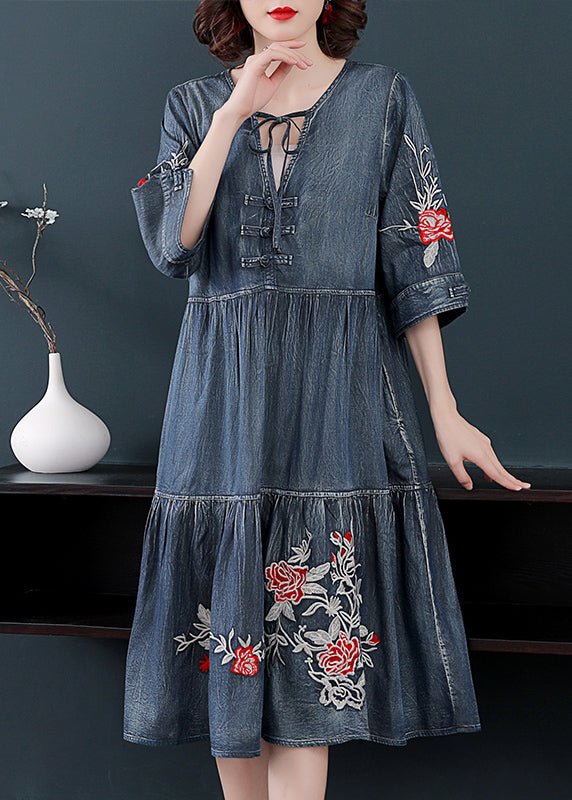 Boutique Blue V Neck Embroidered Cotton Holiday Denim Dress Half Sleeve