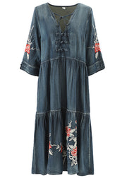 Boutique Blue V Neck Embroidered Cotton Holiday Denim Dress Half Sleeve