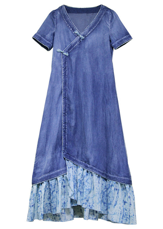 Boutique Blaues Patchwork-Baumwoll-Denim-Kleid mit kurzen Ärmeln und V-Ausschnitt