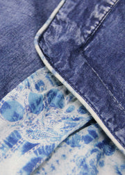 Boutique Blaues Patchwork-Baumwoll-Denim-Kleid mit kurzen Ärmeln und V-Ausschnitt