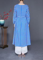 Boutique Blue V Neck Plaid Silk Holiday Dress Long Sleeve