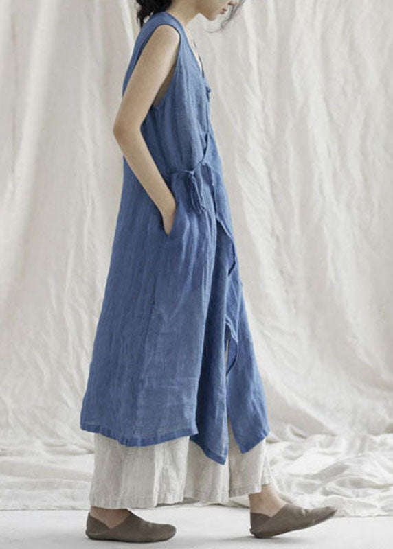 Boutique Blau V-Ausschnitt Taschen Leinenkleider ärmellos