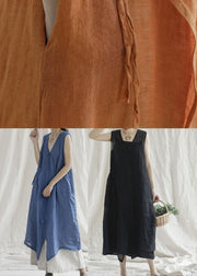 Boutique Blau V-Ausschnitt Taschen Leinenkleider ärmellos
