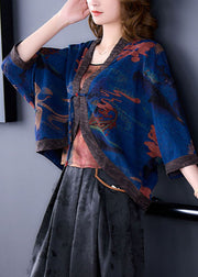 Boutique Blue V Neck Print Oriental Button Silk Loose Cardigan Batwing Sleeve