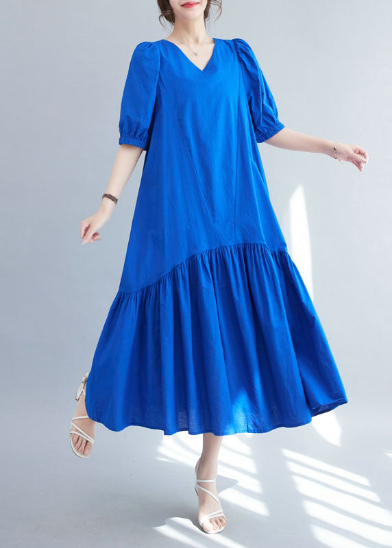 Boutique Blue V Neck Ruffled Patchwork Silk Long Dresses Summer