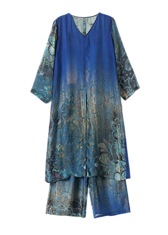 Boutique Blaues Seidenkleid mit seitlich offenem V-Ausschnitt und Hose mit weitem Bein Damen-Sets Zweiteiler Sommer