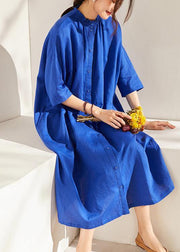 Boutique Blue Wrinkled Summer Linen Summer Dress Half Sleeve - SooLinen