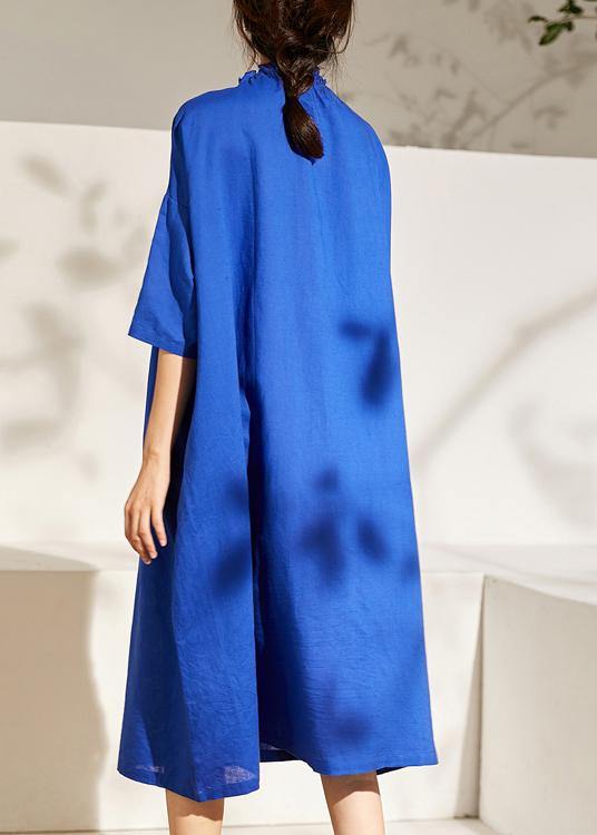 Boutique Blue Wrinkled Summer Linen Summer Dress Half Sleeve - SooLinen