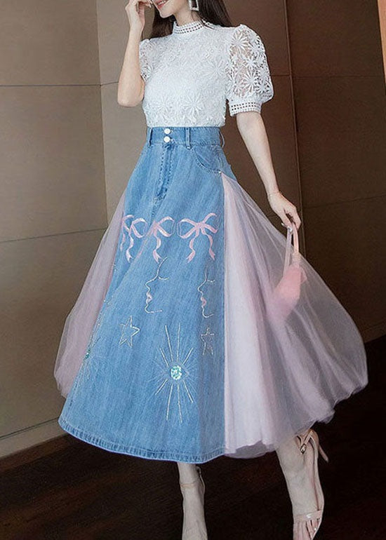 Boutique Blue Wrinkled Tulle Patchwork Embroidered Denim Skirts Summer