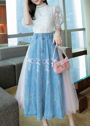 Boutique Blue Wrinkled Tulle Patchwork Embroidered Denim Skirts Summer