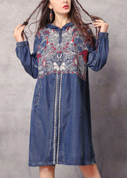 Boutique Blue zippered Hooded Embroidered Pockets Denim trench coats Spring
