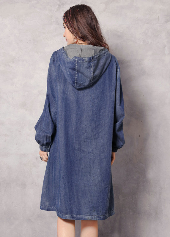 Boutique Blue zippered Hooded Embroidered Pockets Denim trench coats Spring