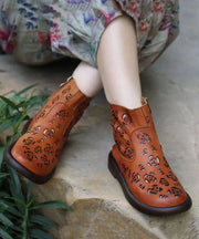 Boutique Brown Boots Cowhide Leather Soft Splicing Hollow Out