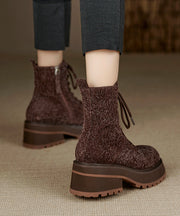 Boutique Brown Fuzzy Cowhide Leather Platform Boots Cross Strap