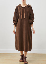 Boutique Brown Hooded Corduroy Long Dresses Spring
