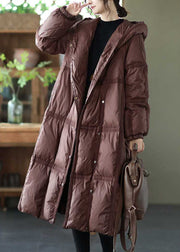Boutique Brown Hooded Plaid Oversized Duck Down Puffer Long Coats Winter