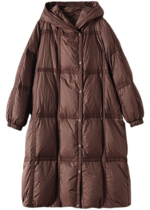 Boutique Brown Hooded Plaid Oversized Duck Down Puffer Long Coats Winter